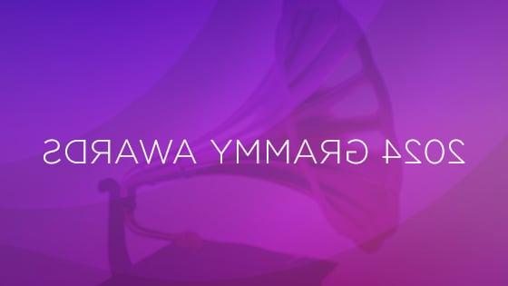 A graphic of a gramophone on a purple background. 的 words 2024 Grammy Awards are overlaid in white.